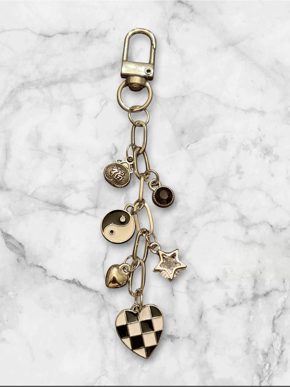Silver -Tone Checker Heart & Charm Keychain